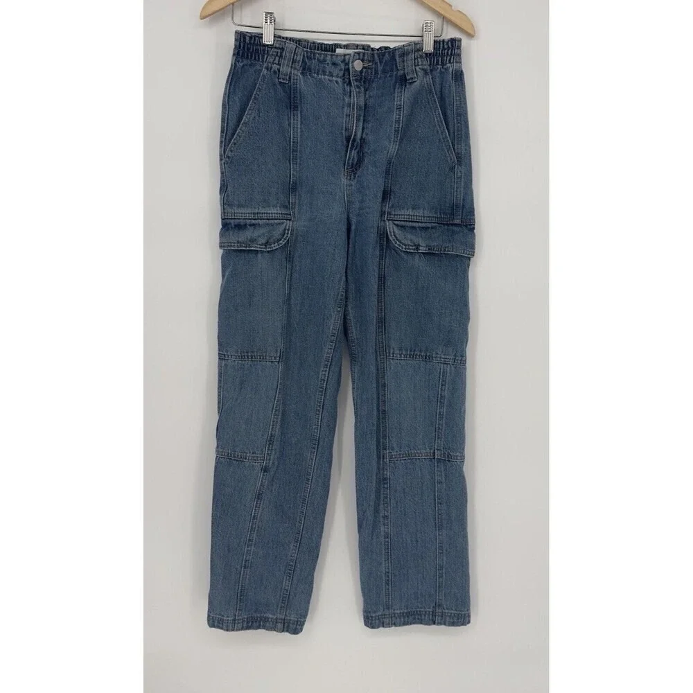 Forever 21‎ Womens Medium Wash Blue Denim Cargo Utility Pants Seam Detail Size S